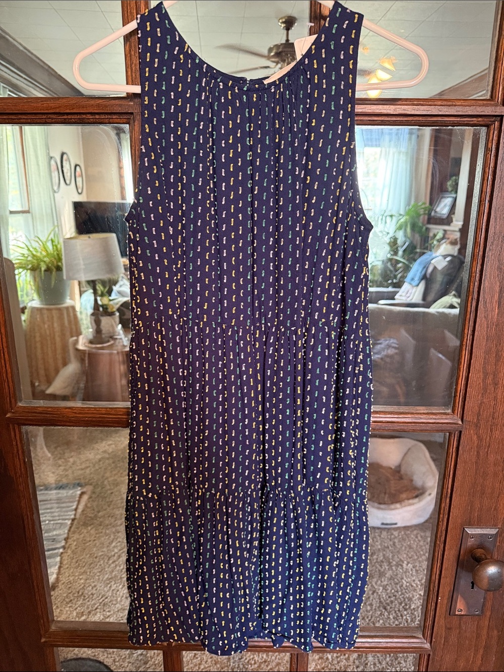 LOFT Navy Sleeveless Tiered Midi Dress with Small Yellow Print